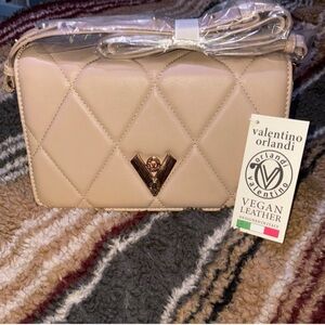 Valentino Orlandi Tan Crossbody Bag with Quilted Design and Gold Hardware